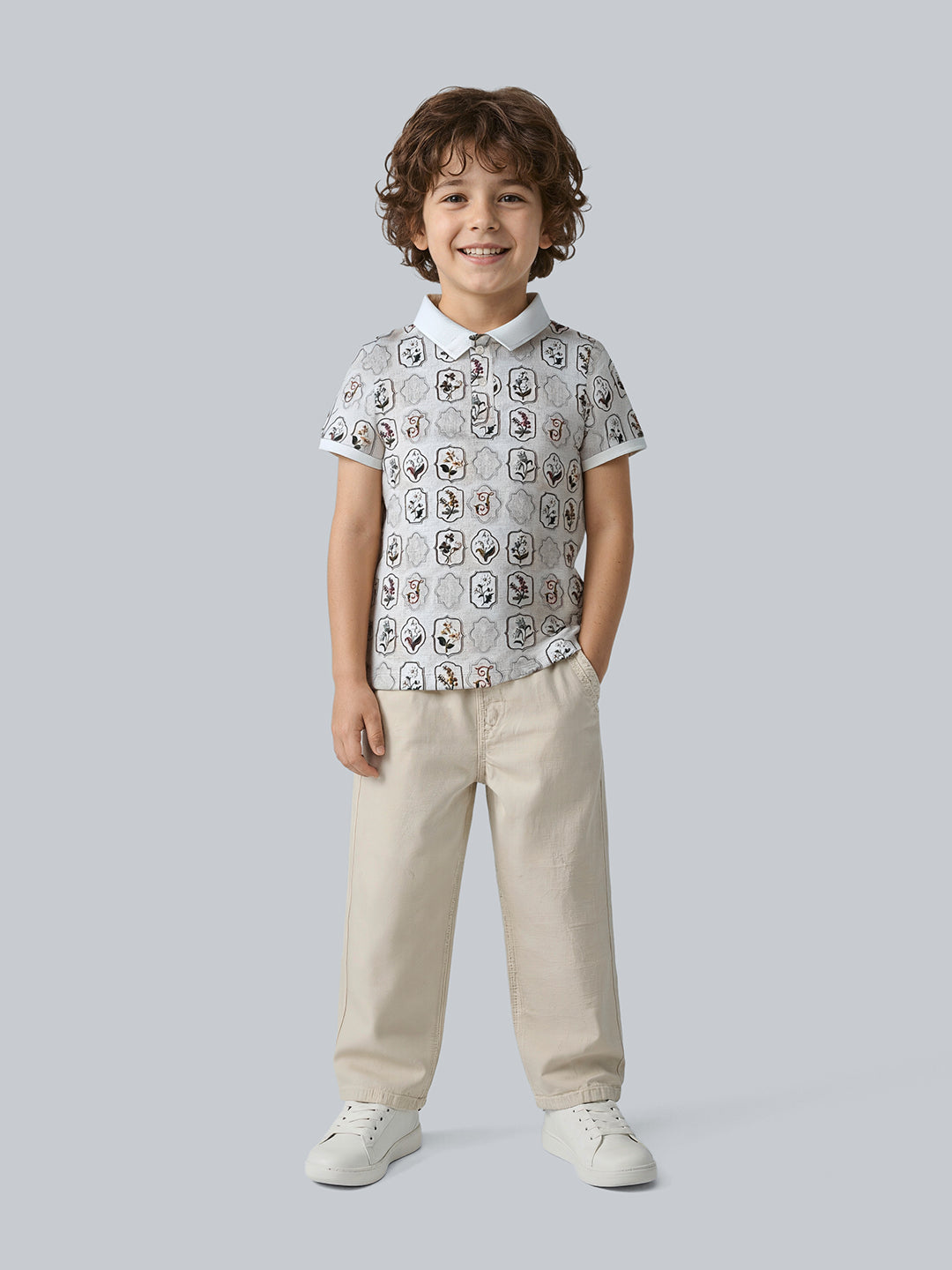 Boys All Over Printed Cotton Polo T-Shirt with Short Sleeves