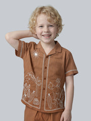 Boys Camel Brown Cotton Embroidered Resort Collar Shirt