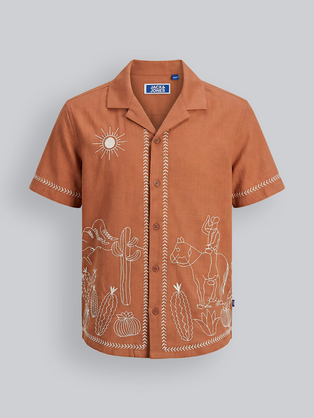 Boys Camel Brown Cotton Embroidered Resort Collar Shirt