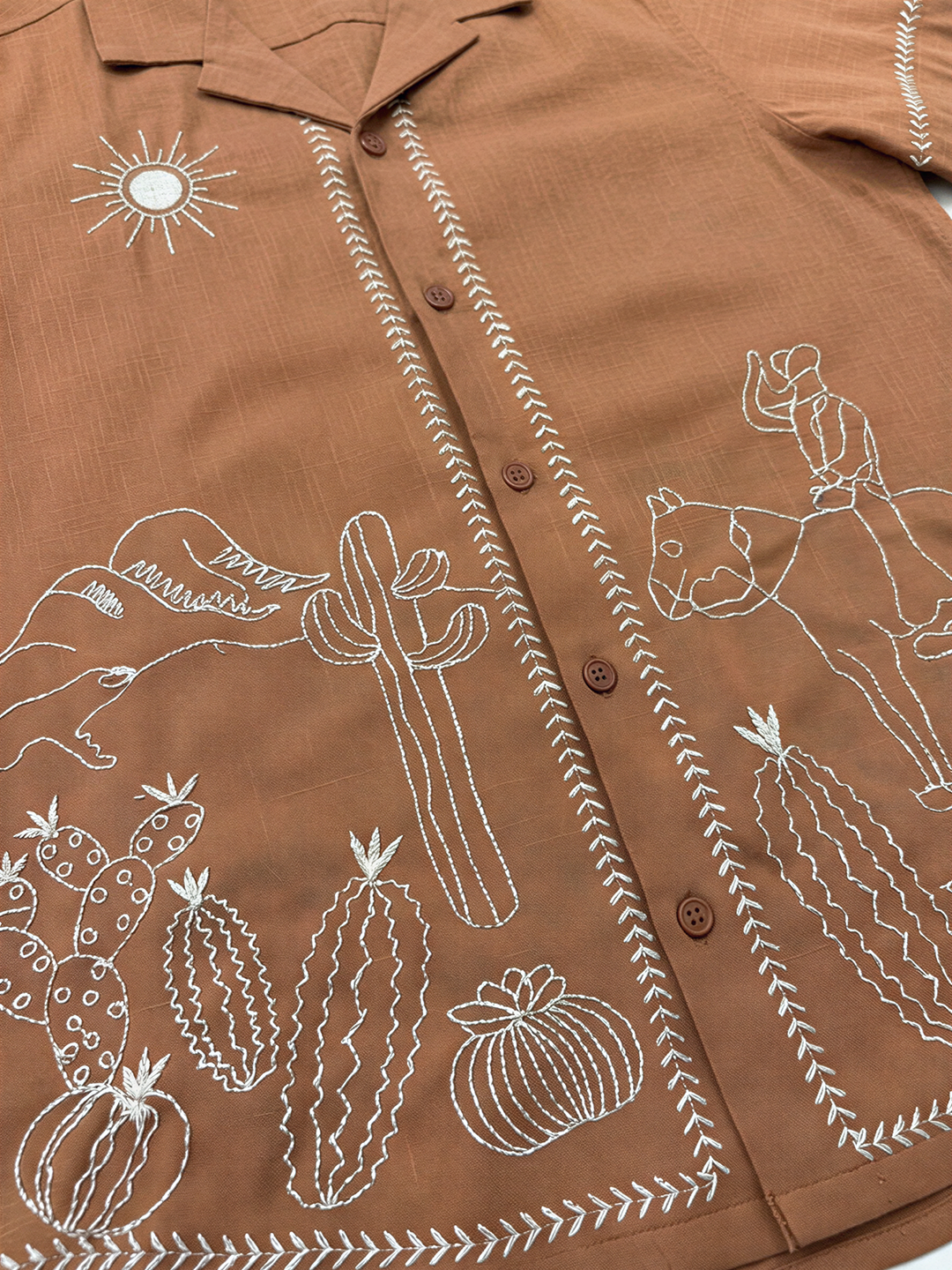 Boys Camel Brown Cotton Embroidered Resort Collar Shirt