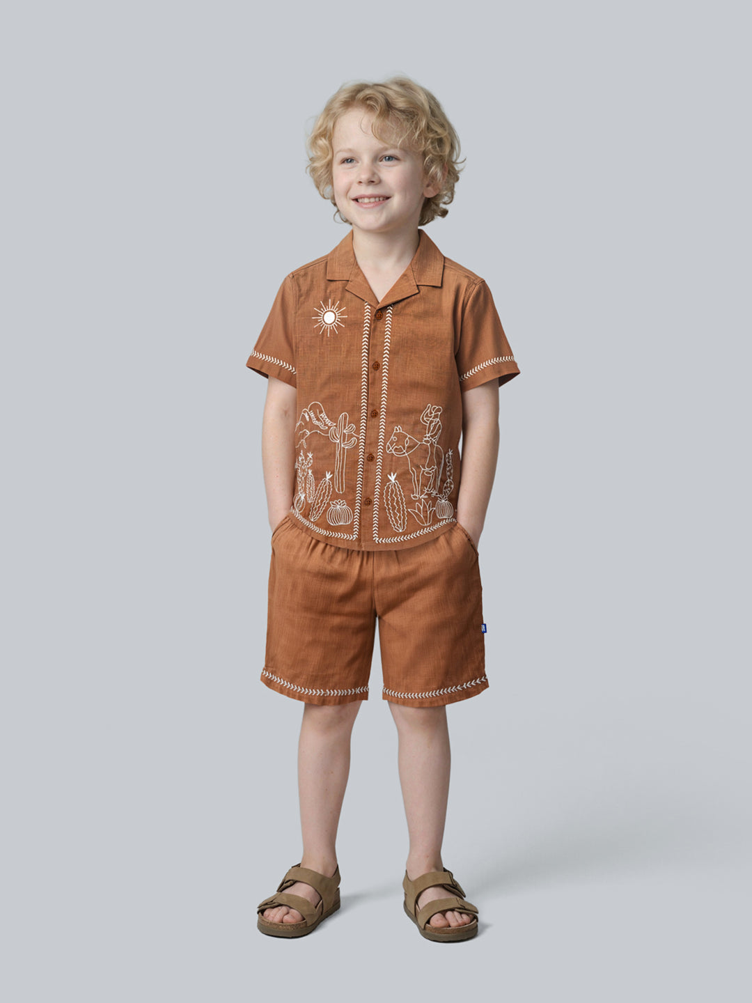 Boys Camel Brown Cotton Embroidered Resort Collar Shirt