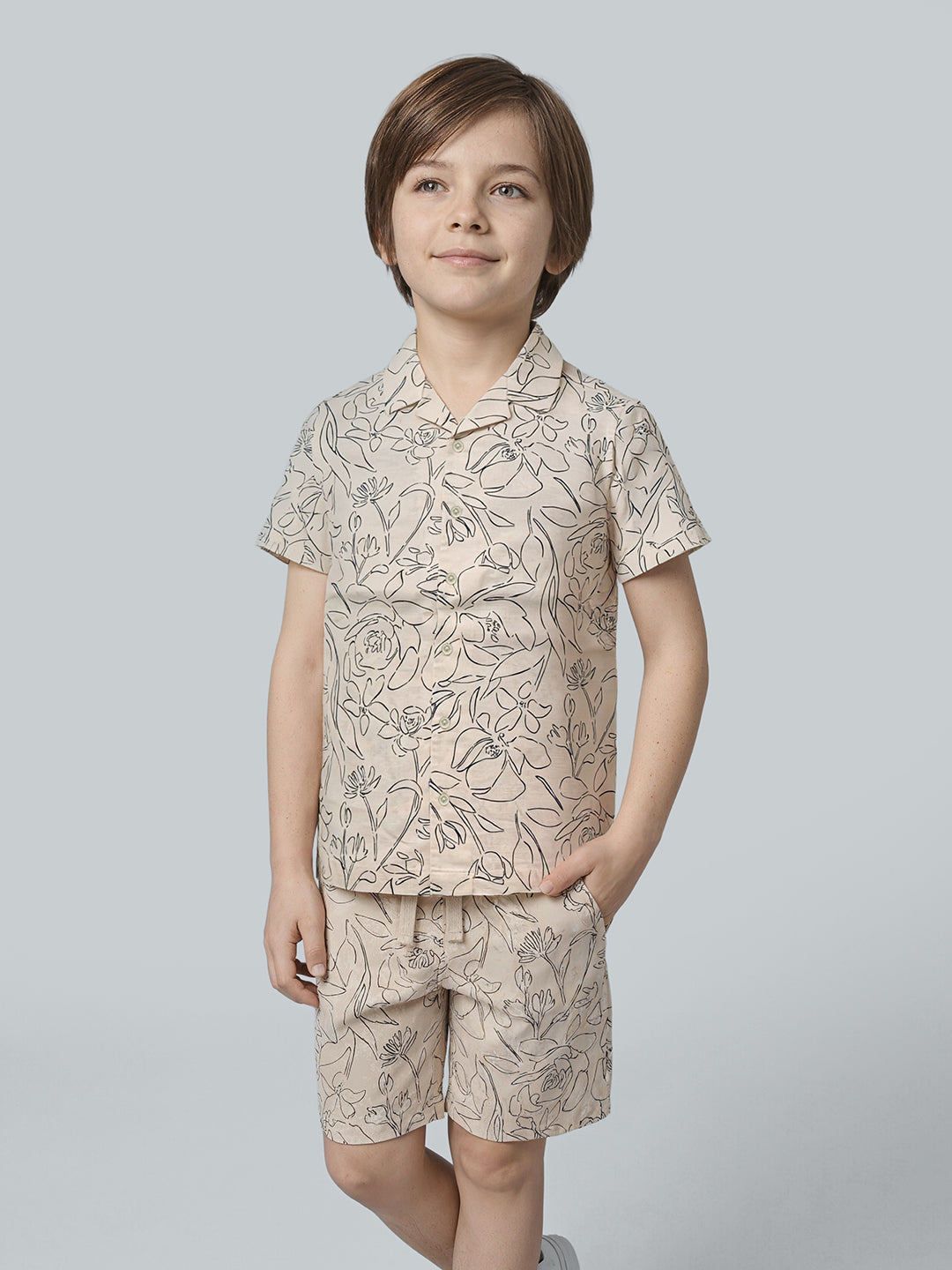 Boys Beige Floral Print Cotton Resort Collar Shirt