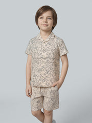 Boys Beige Floral Print Cotton Resort Collar Shirt