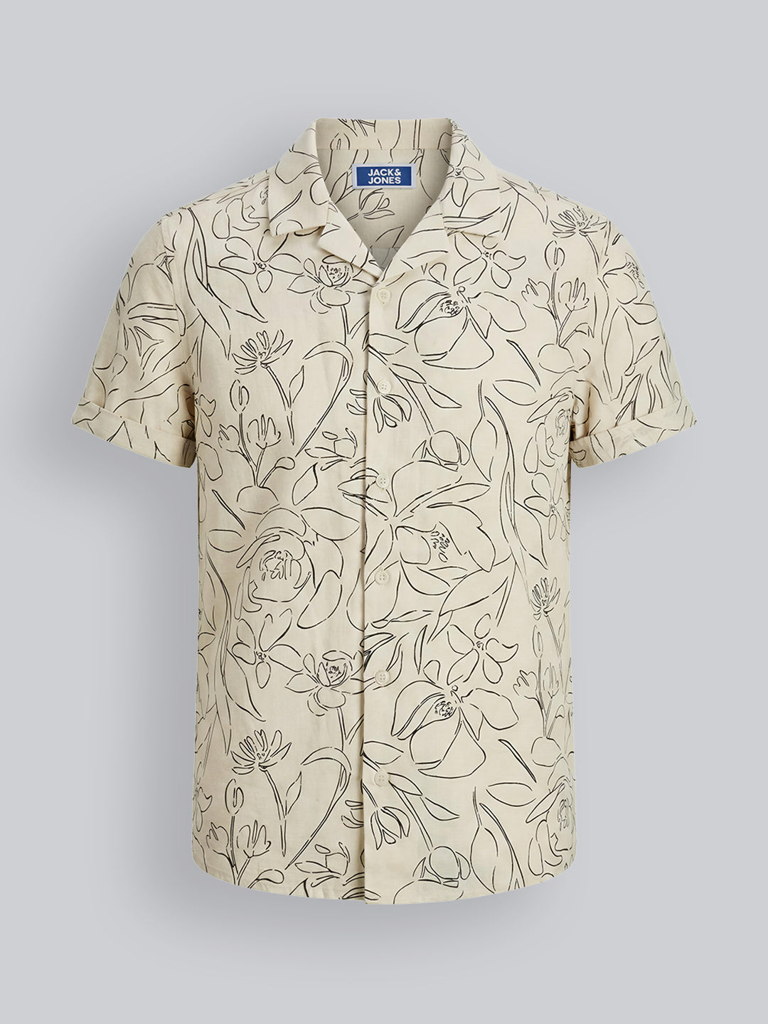 Boys Beige Floral Print Cotton Resort Collar Shirt