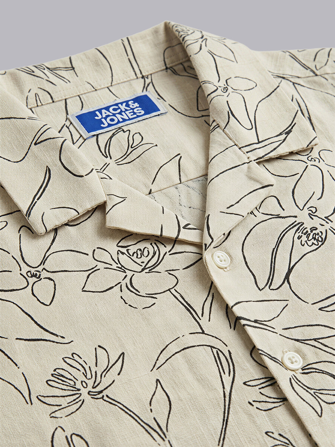 Boys Beige Floral Print Cotton Resort Collar Shirt