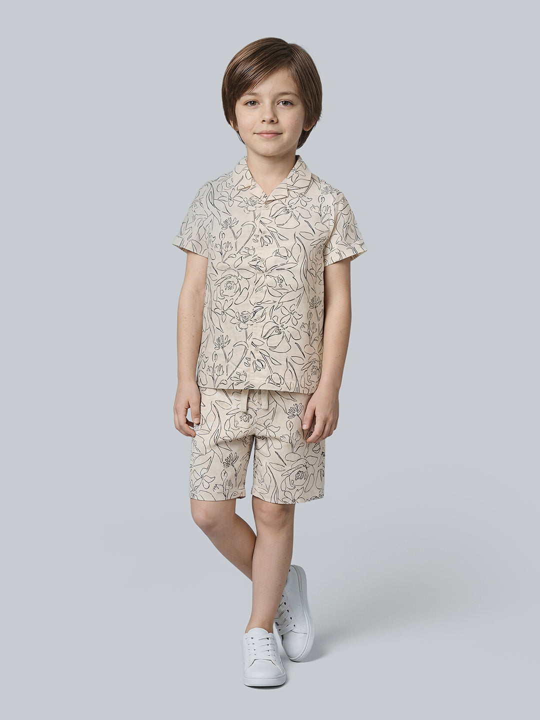 Boys Beige Floral Print Cotton Resort Collar Shirt