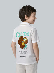 Boys White Cotton Linen Printed Resort Collar Shirt