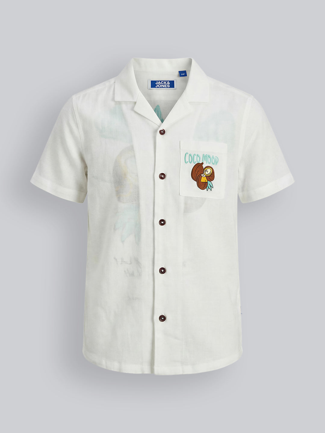 Boys White Cotton Linen Printed Resort Collar Shirt