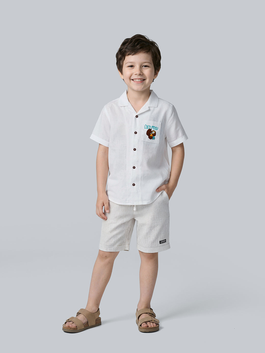Boys White Cotton Linen Printed Resort Collar Shirt