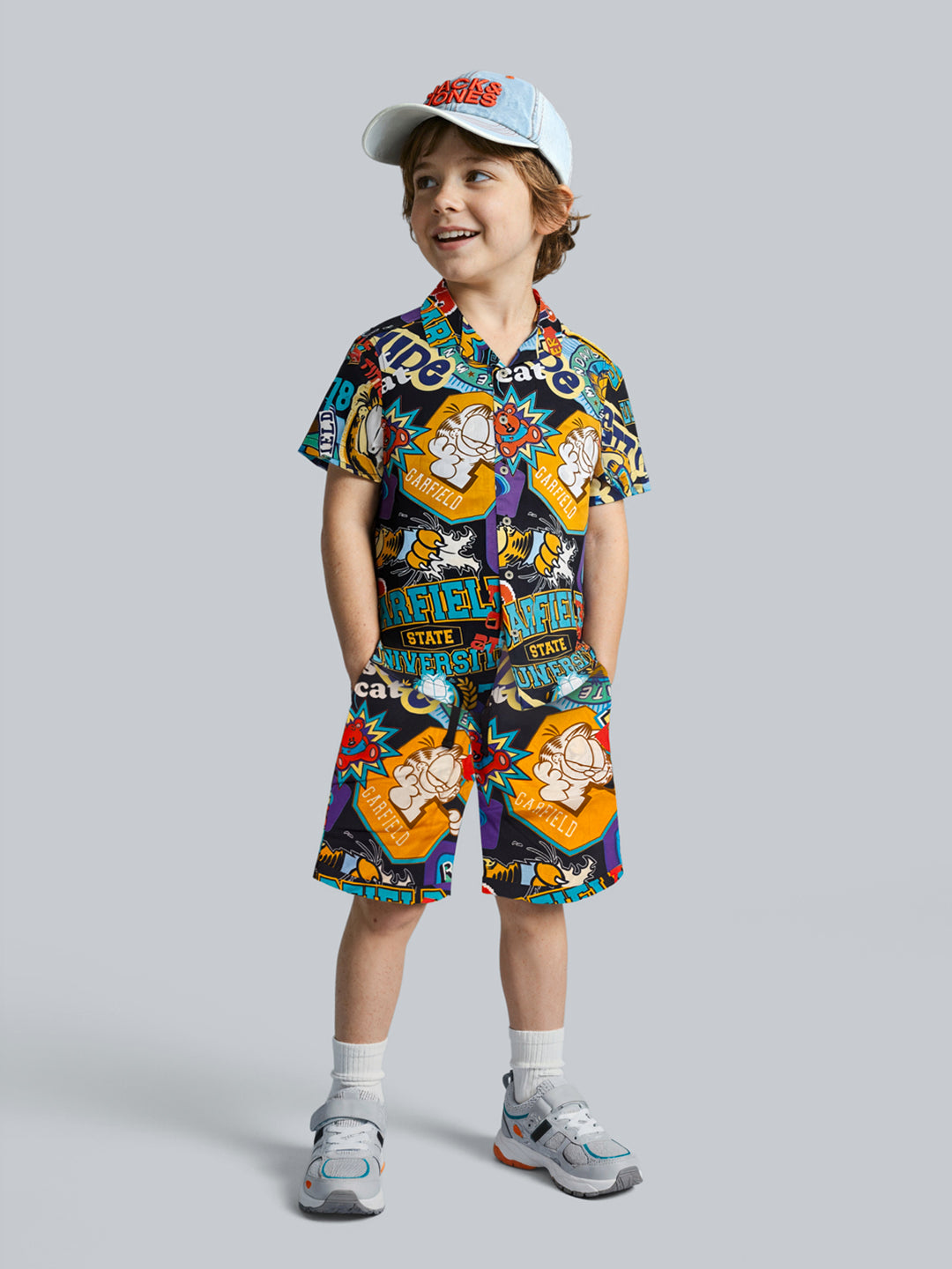 Boys Viscose Garfield Print Casual Shirt with Short Sleeves