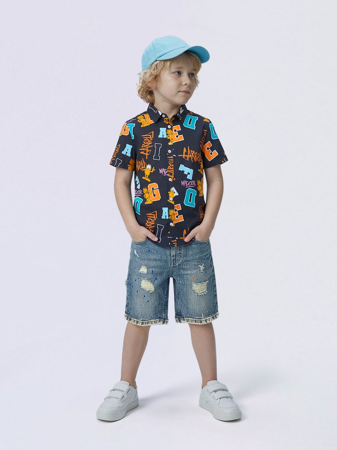 Boys Blue Garfield Print Cotton Casual Shirt