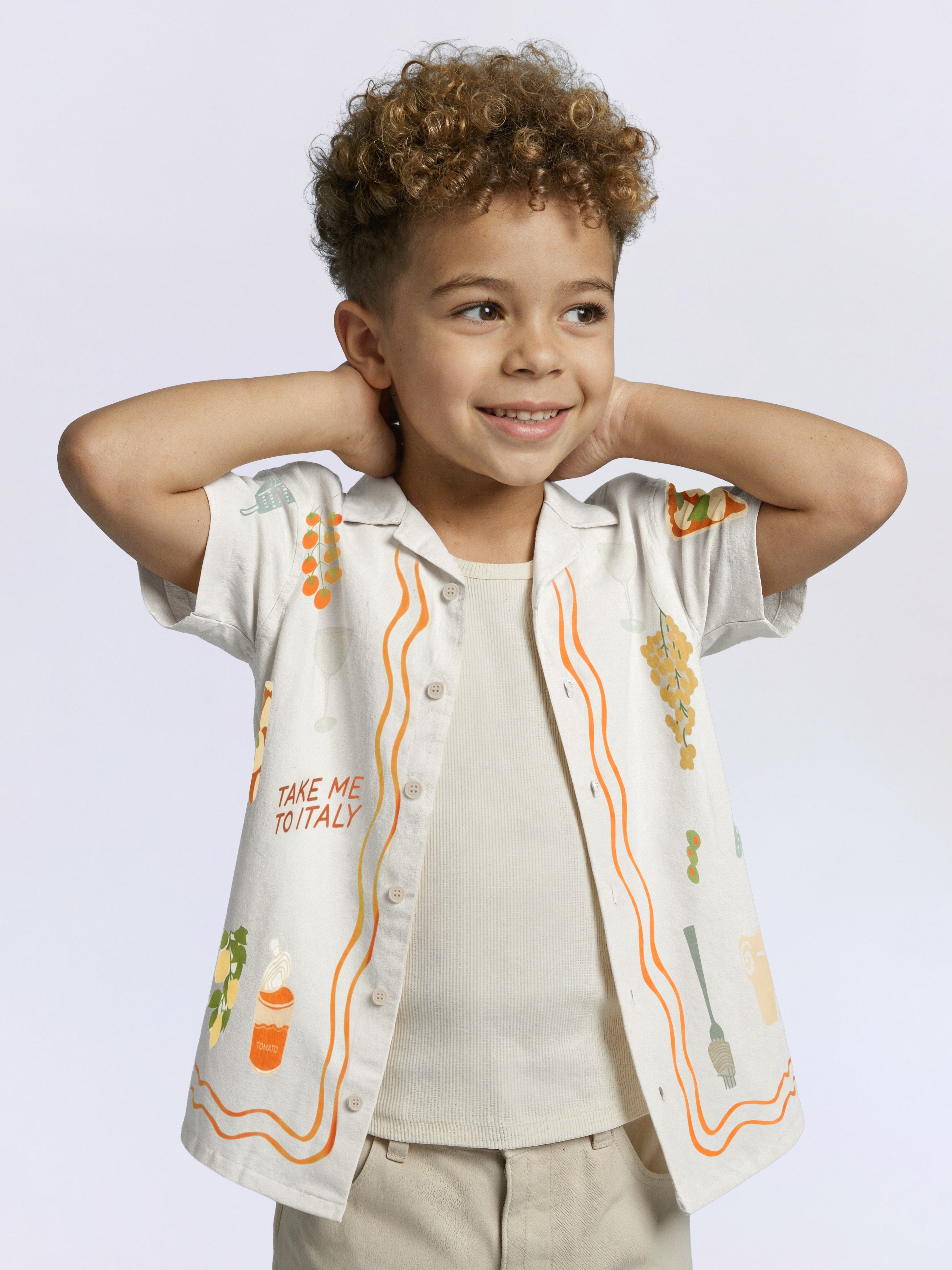 Boys Bright White Vacation Print Cotton Shirt