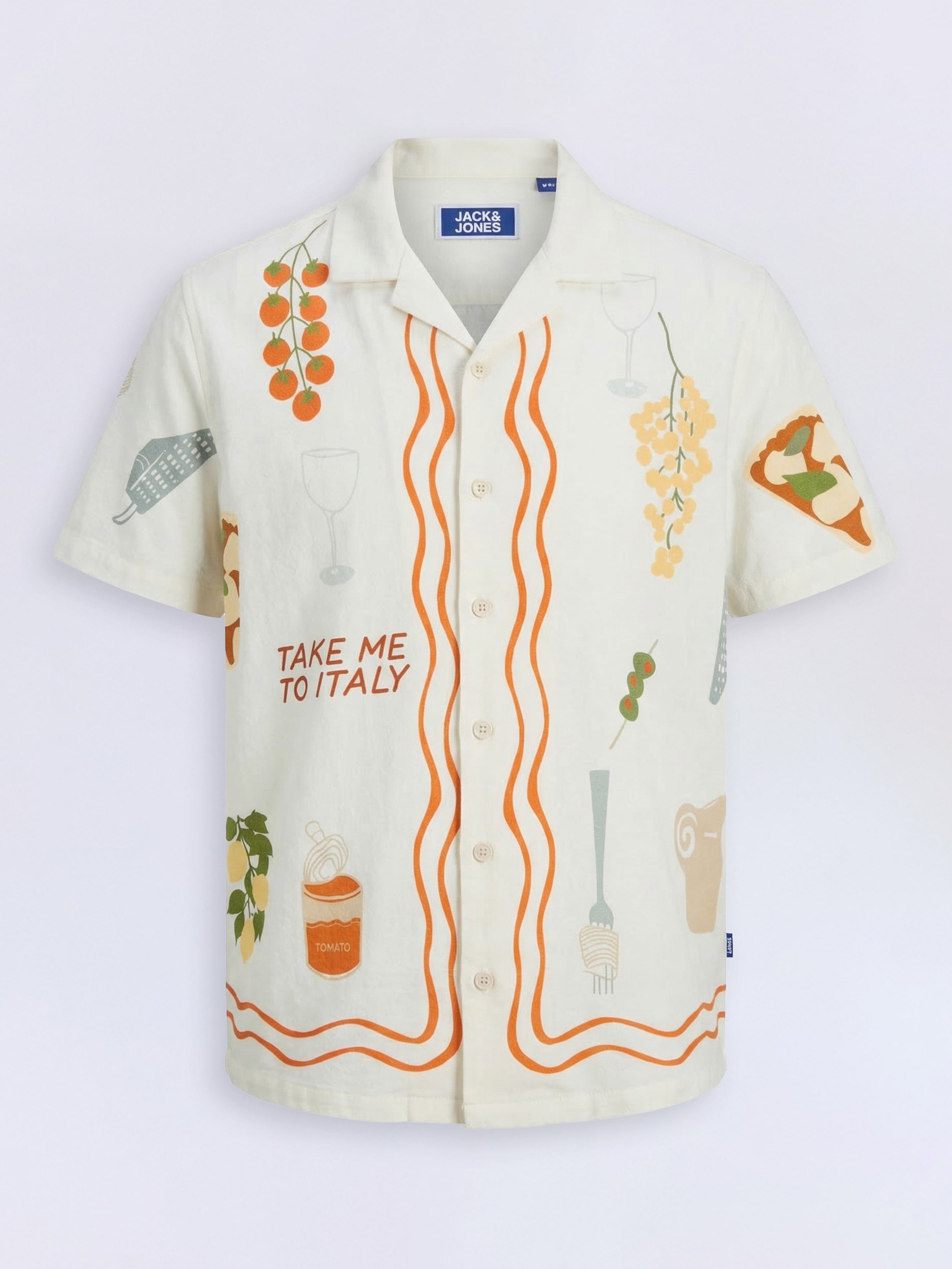 Boys Bright White Vacation Print Cotton Shirt