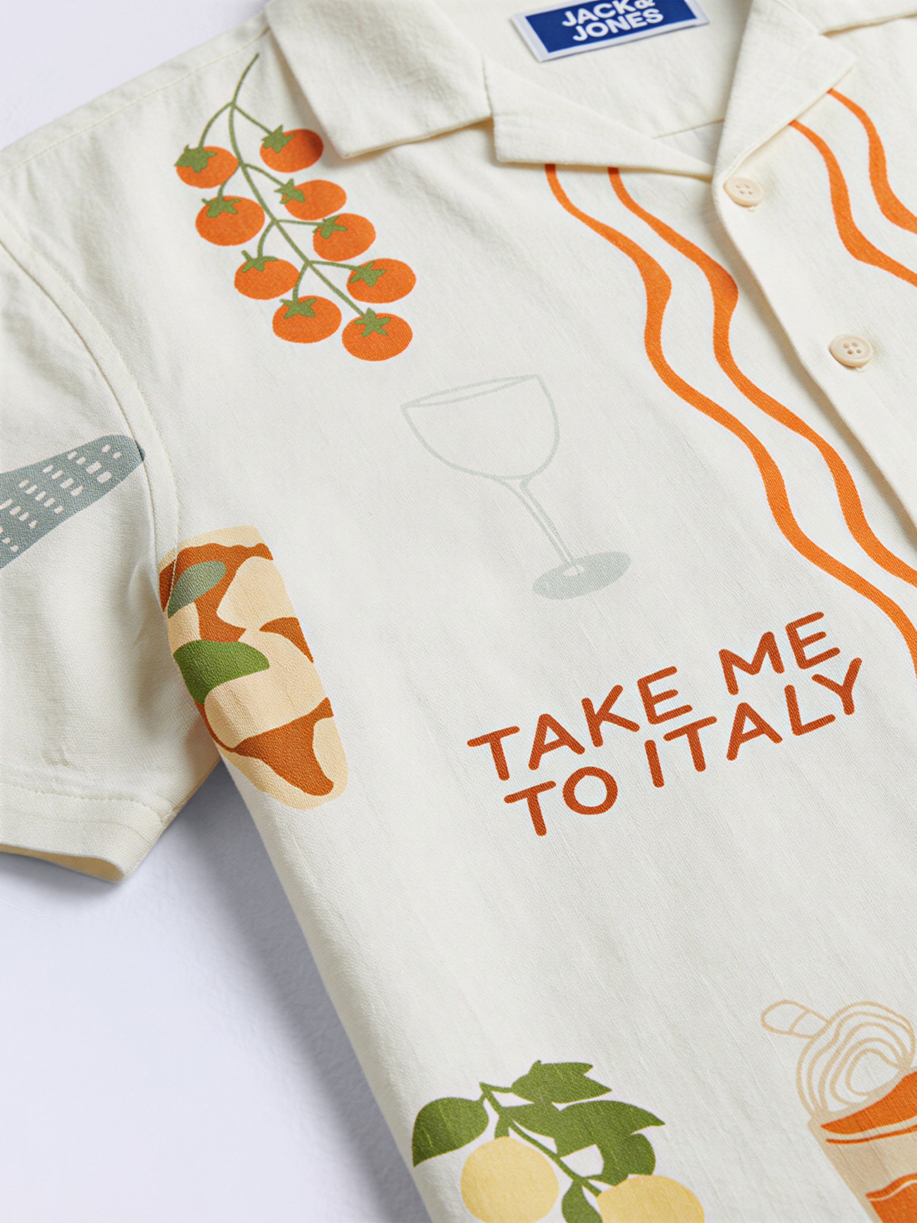 Boys Bright White Vacation Print Cotton Shirt