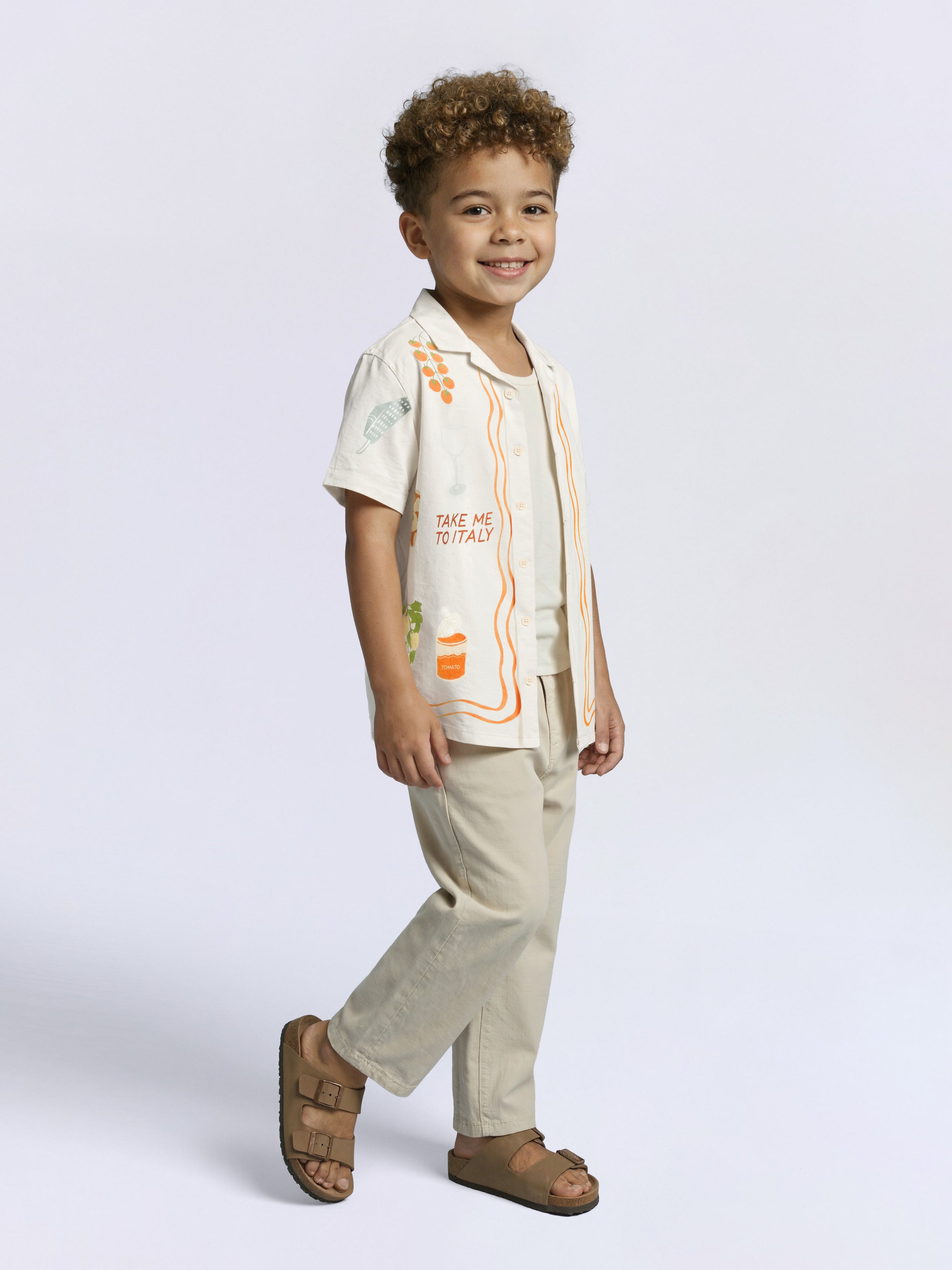 Boys Bright White Vacation Print Cotton Shirt