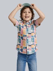 Boys Geometric Print Cotton Casual Shirt with Short Sleeves