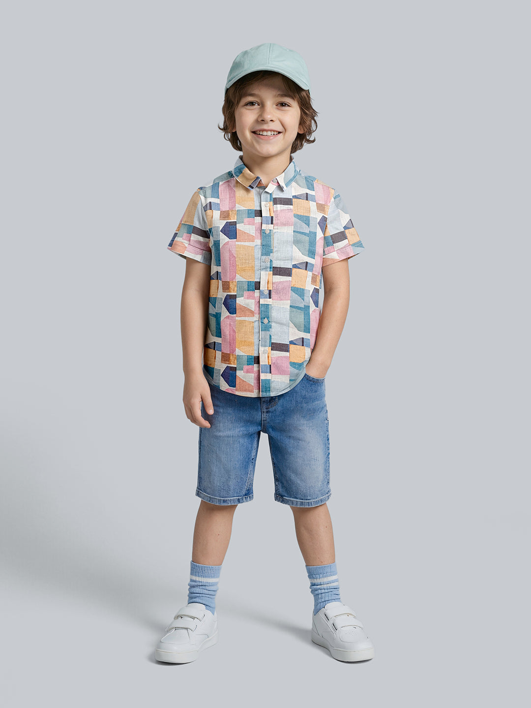 Boys Geometric Print Cotton Casual Shirt with Short Sleeves