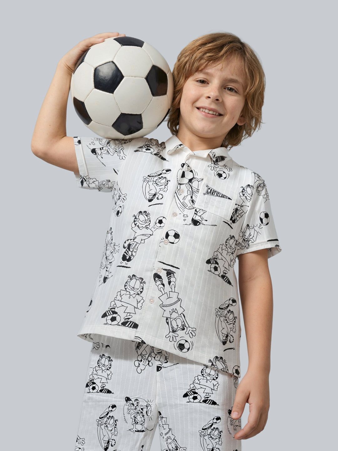 Boys Garfield Print Cotton Casual Shirt with Short Sleeves