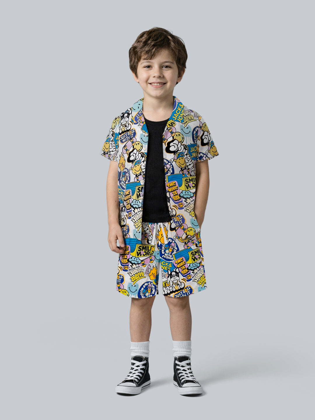 Boys Cotton Smiley Print Casual Shirt with Short Sleeves