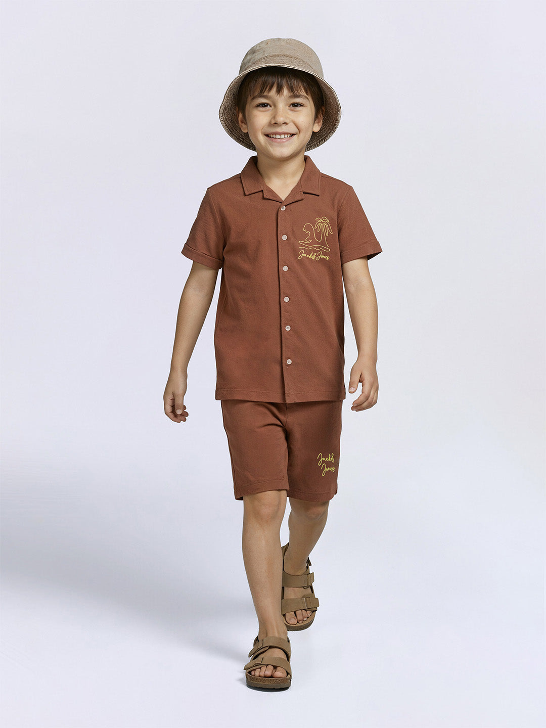 Boys Cappuccino Brown Printed Cotton Resort Shirt