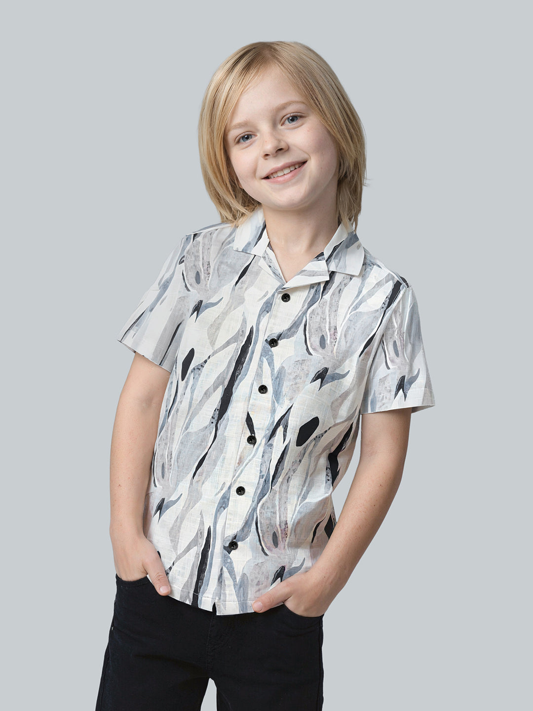 Boys Off White Printed Cotton Resort Collar Shirt
