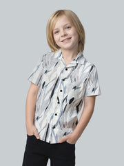 Boys Off White Printed Cotton Resort Collar Shirt