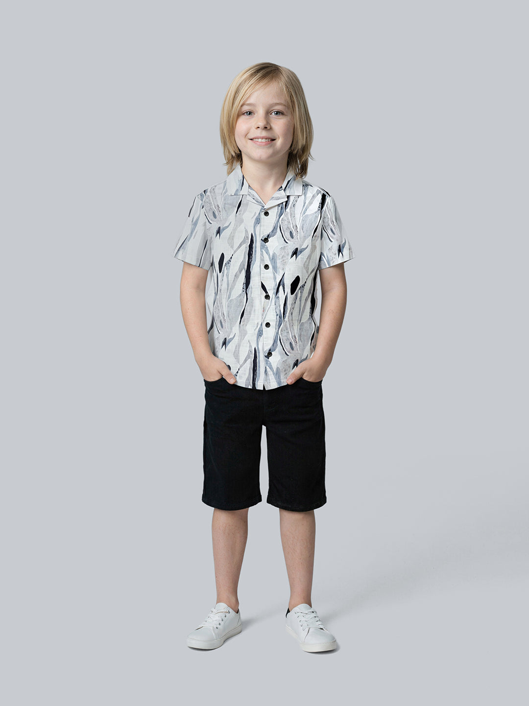 Boys Off White Printed Cotton Resort Collar Shirt