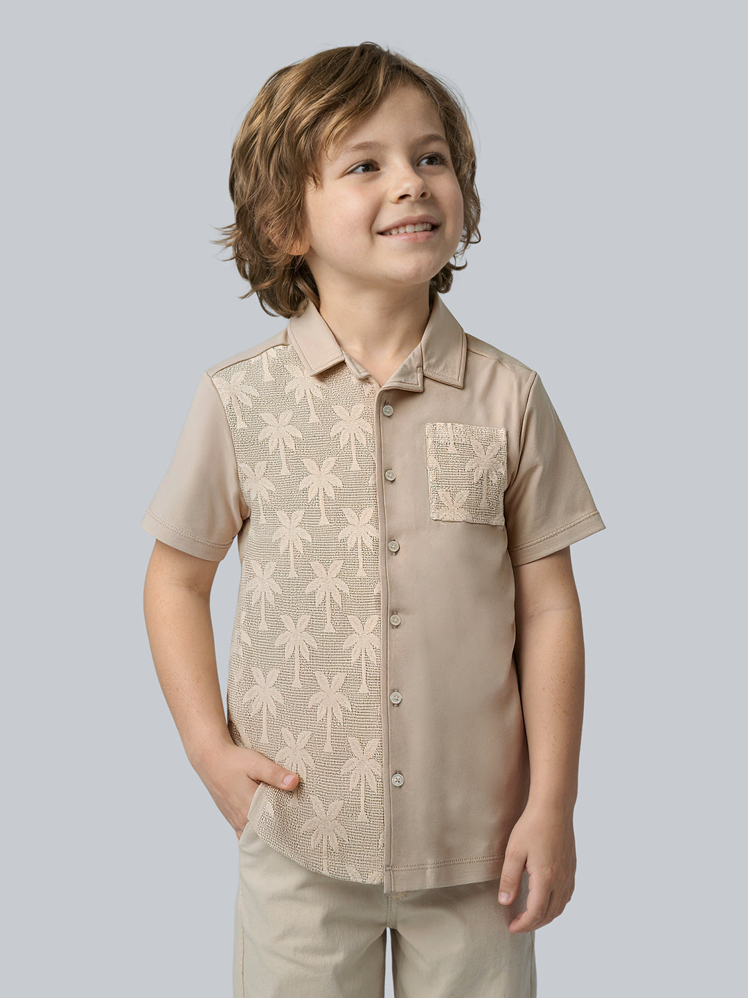 Boys Cotton Palm Texture Casual Shirt with Short Sleeves