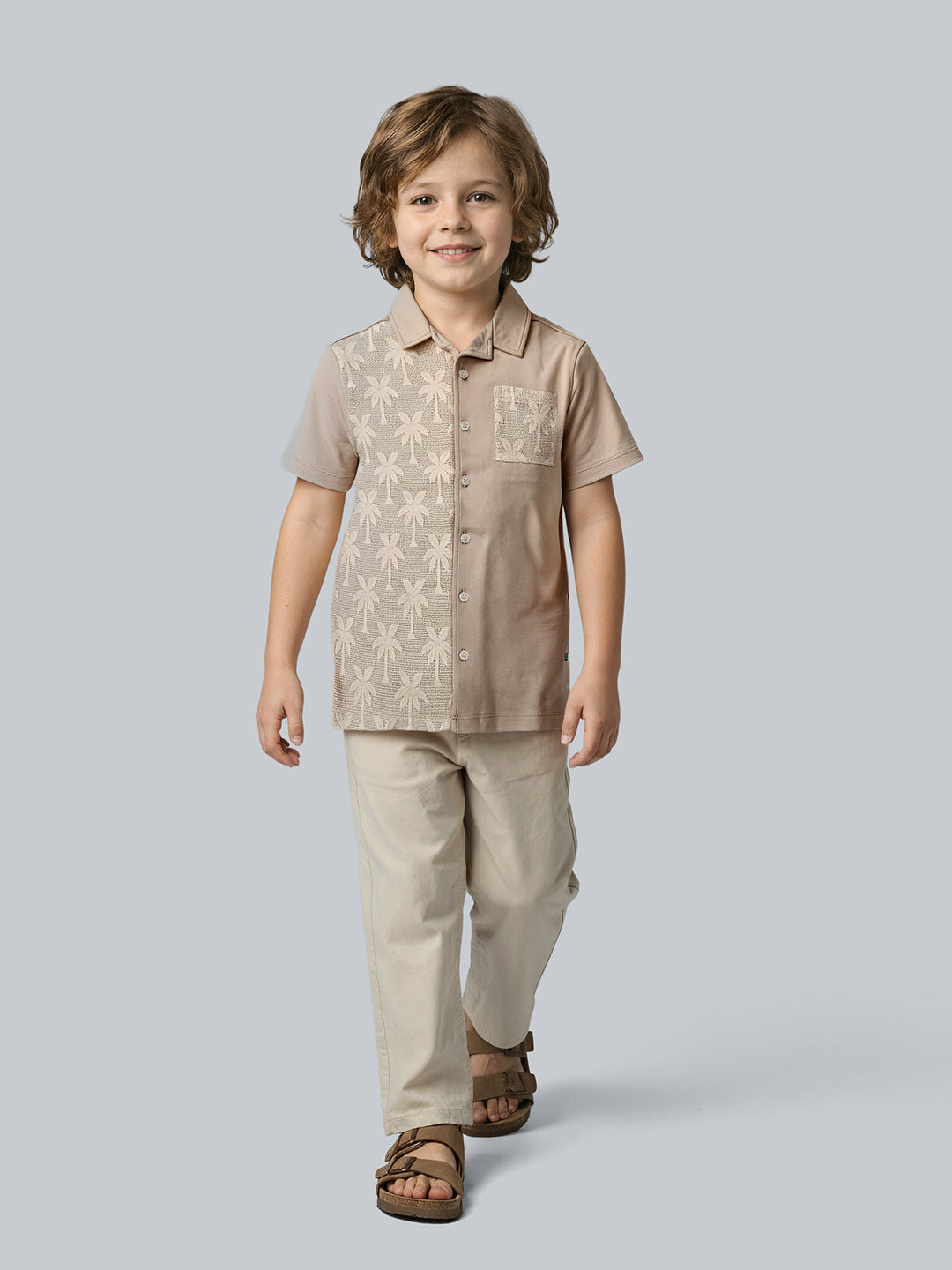Boys Cotton Palm Texture Casual Shirt with Short Sleeves
