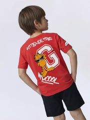 Boys Flame Scarlet Red Garfield Print Cotton Oversized T-Shirt