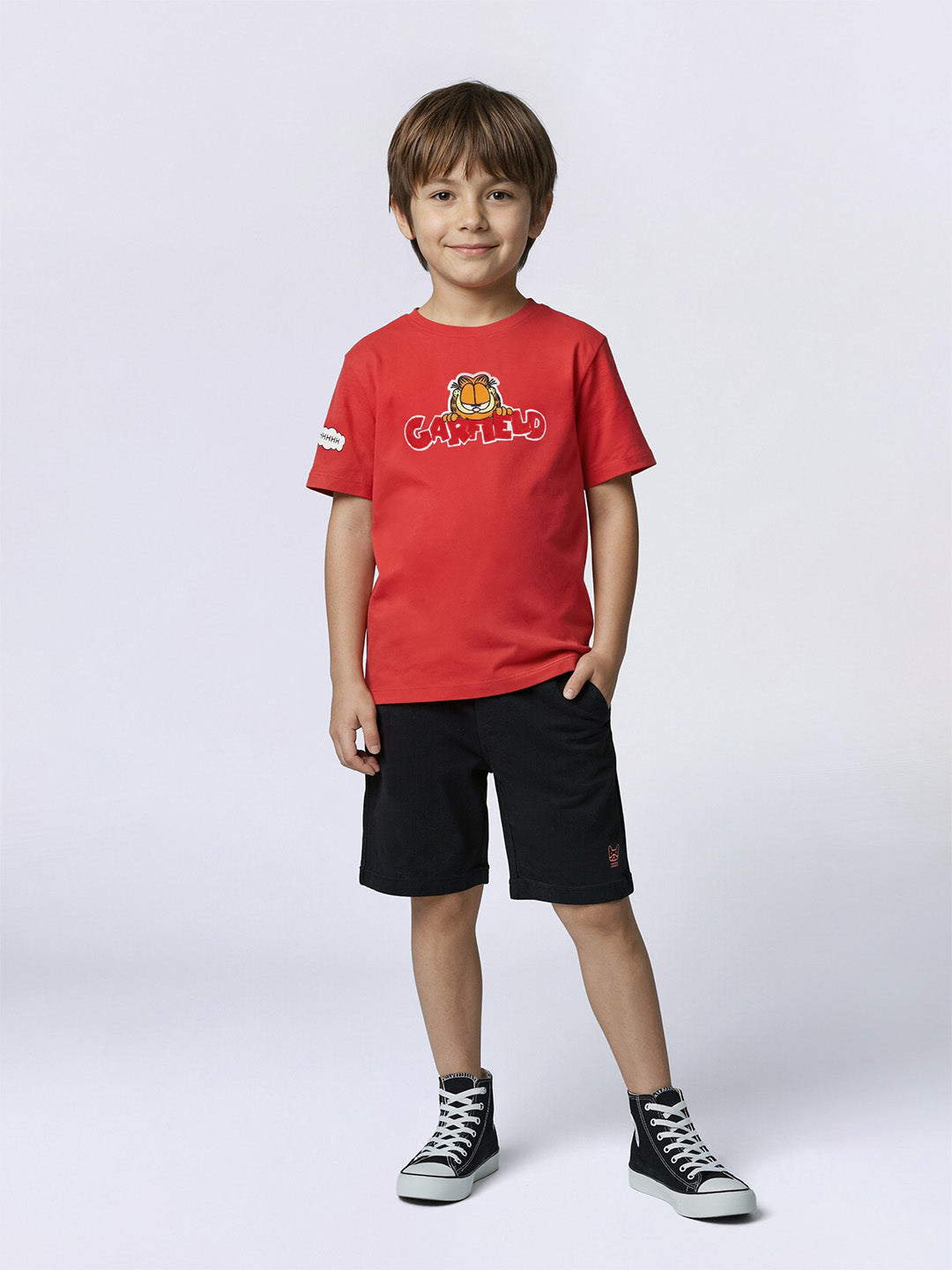Boys Flame Scarlet Red Garfield Print Cotton Oversized T-Shirt