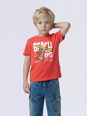 Boys Red Printed Cotton Crew Neck T-Shirt