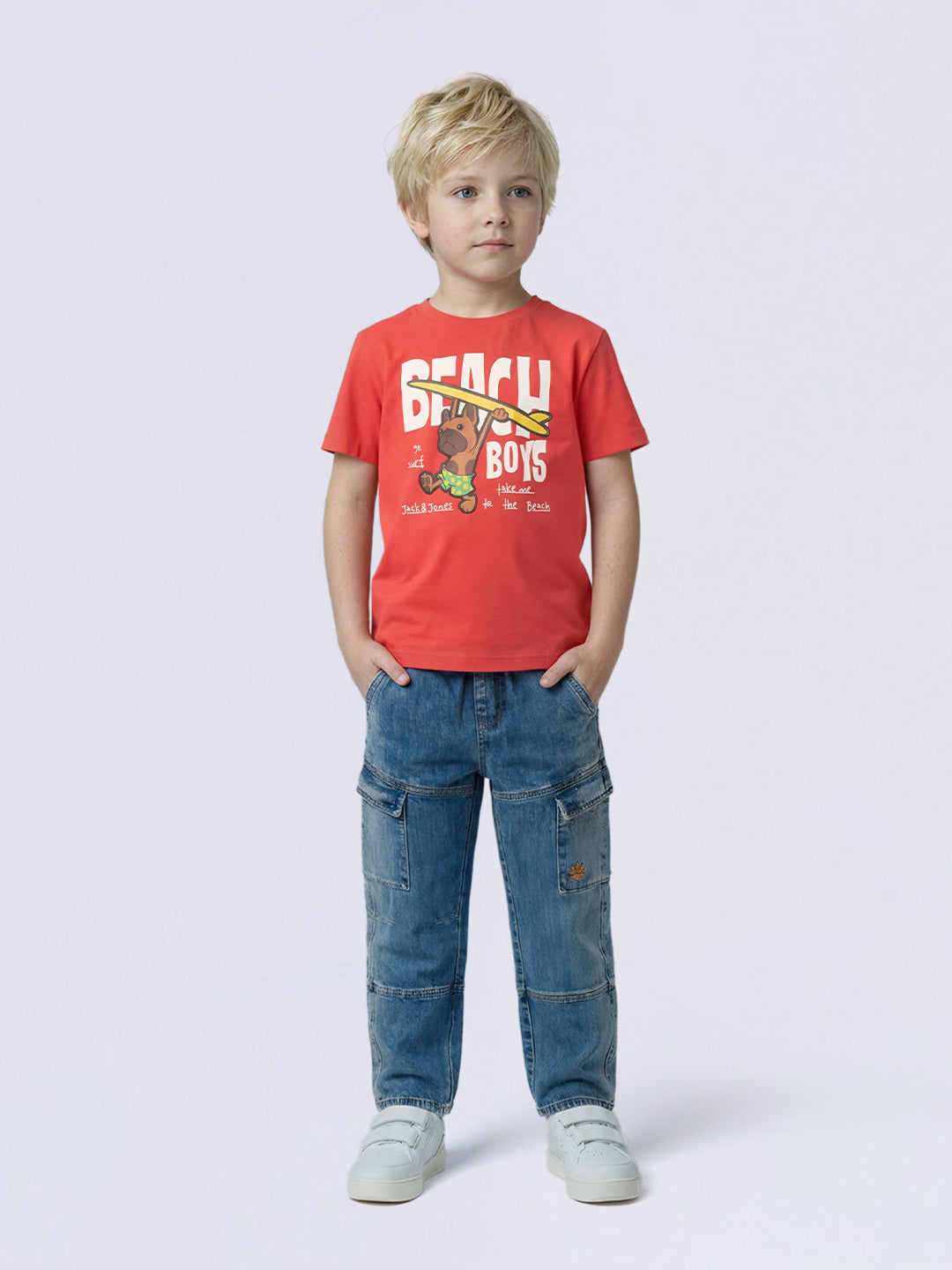 Boys Red Printed Cotton Crew Neck T-Shirt