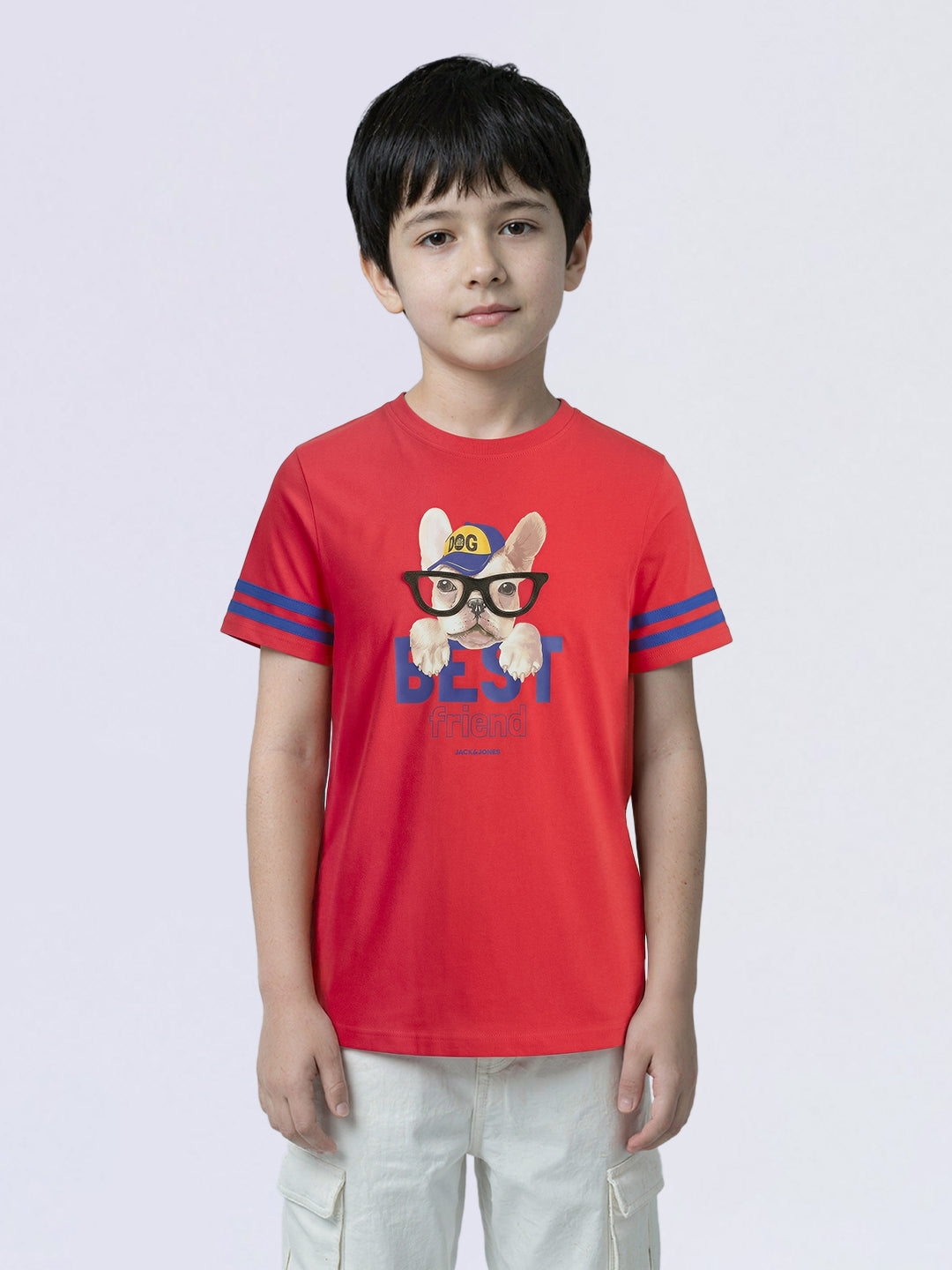 Boys Red Dog Print Cotton Crew Neck T-Shirt