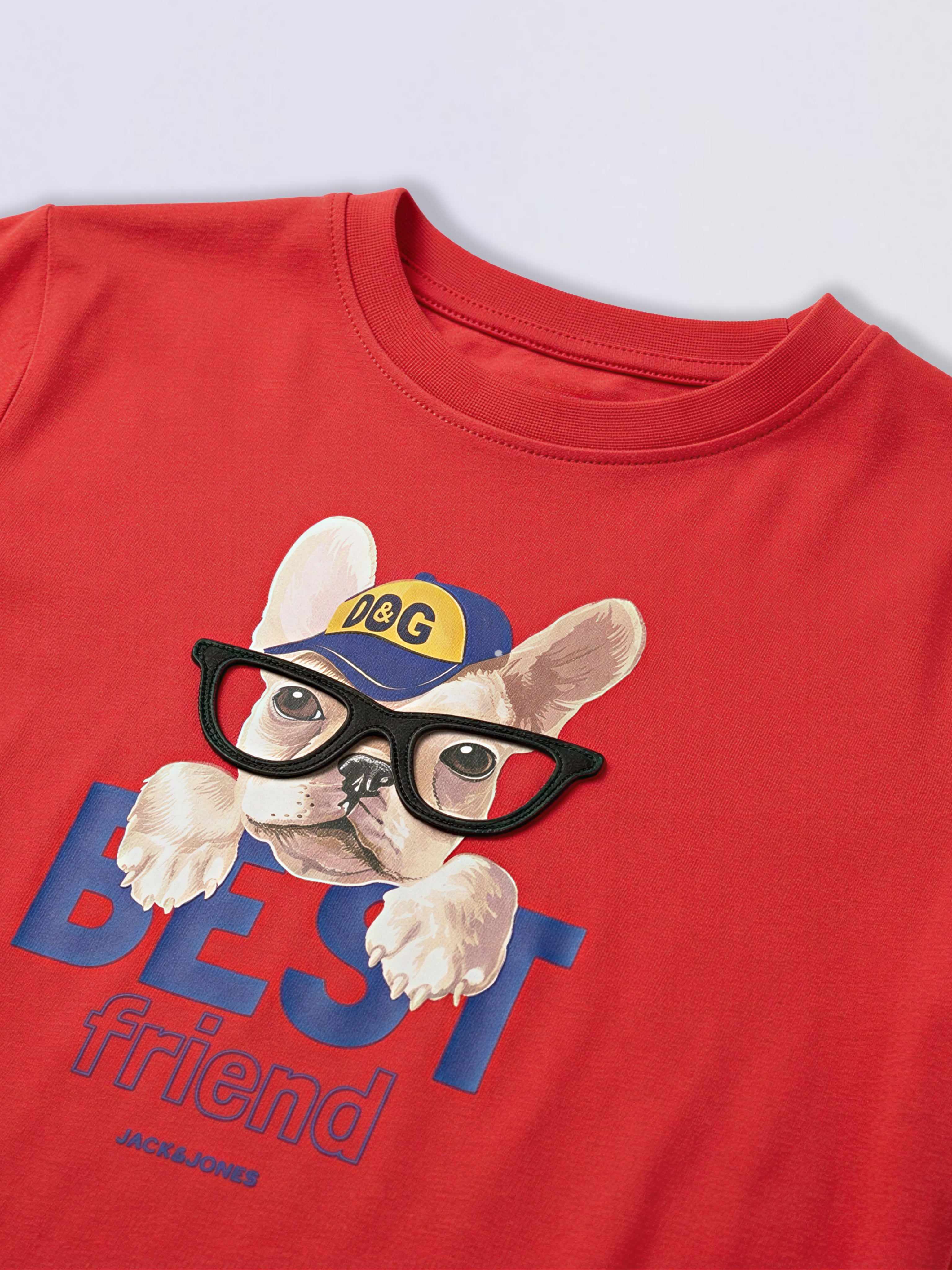 Boys Red Dog Print Cotton Crew Neck T-Shirt