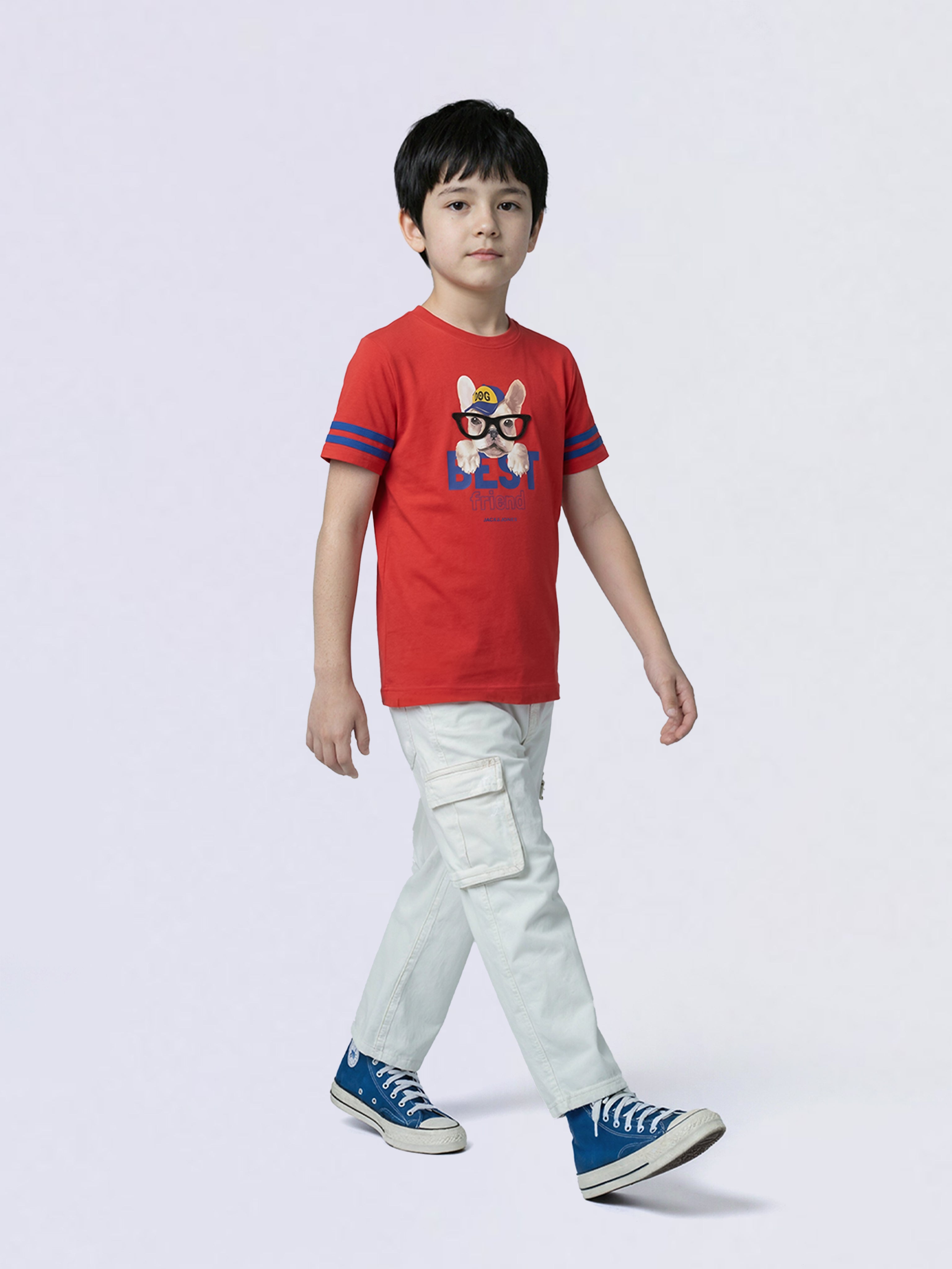 Boys Red Dog Print Cotton Crew Neck T-Shirt