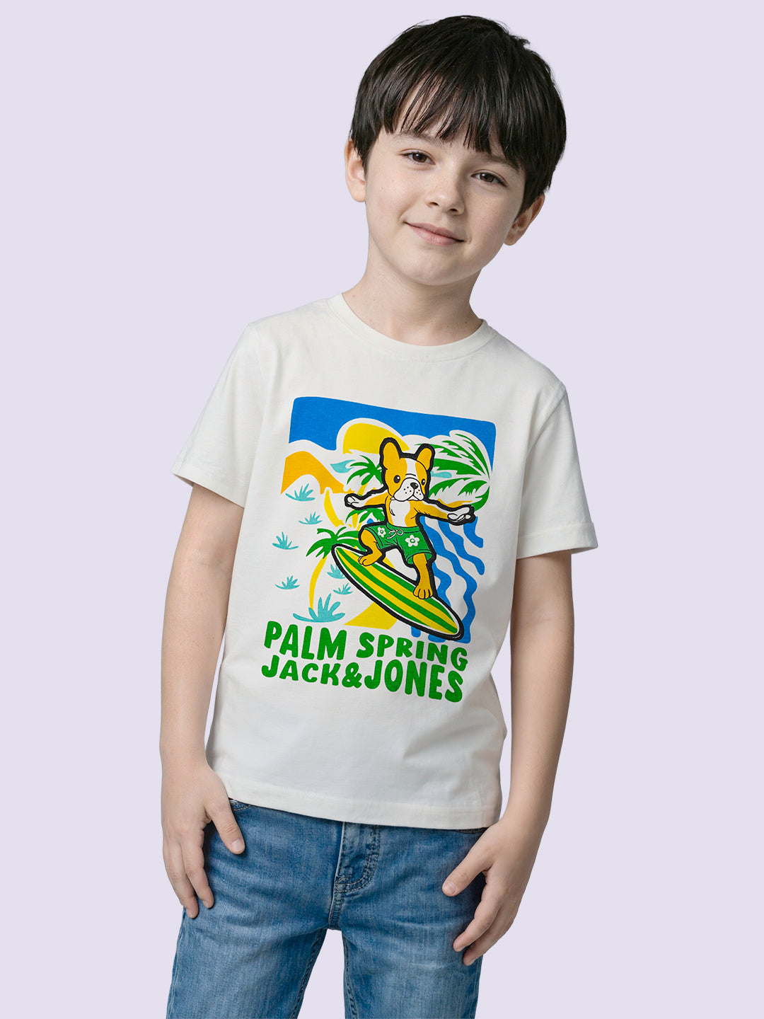 Boys White Printed Cotton Crew Neck T-Shirt
