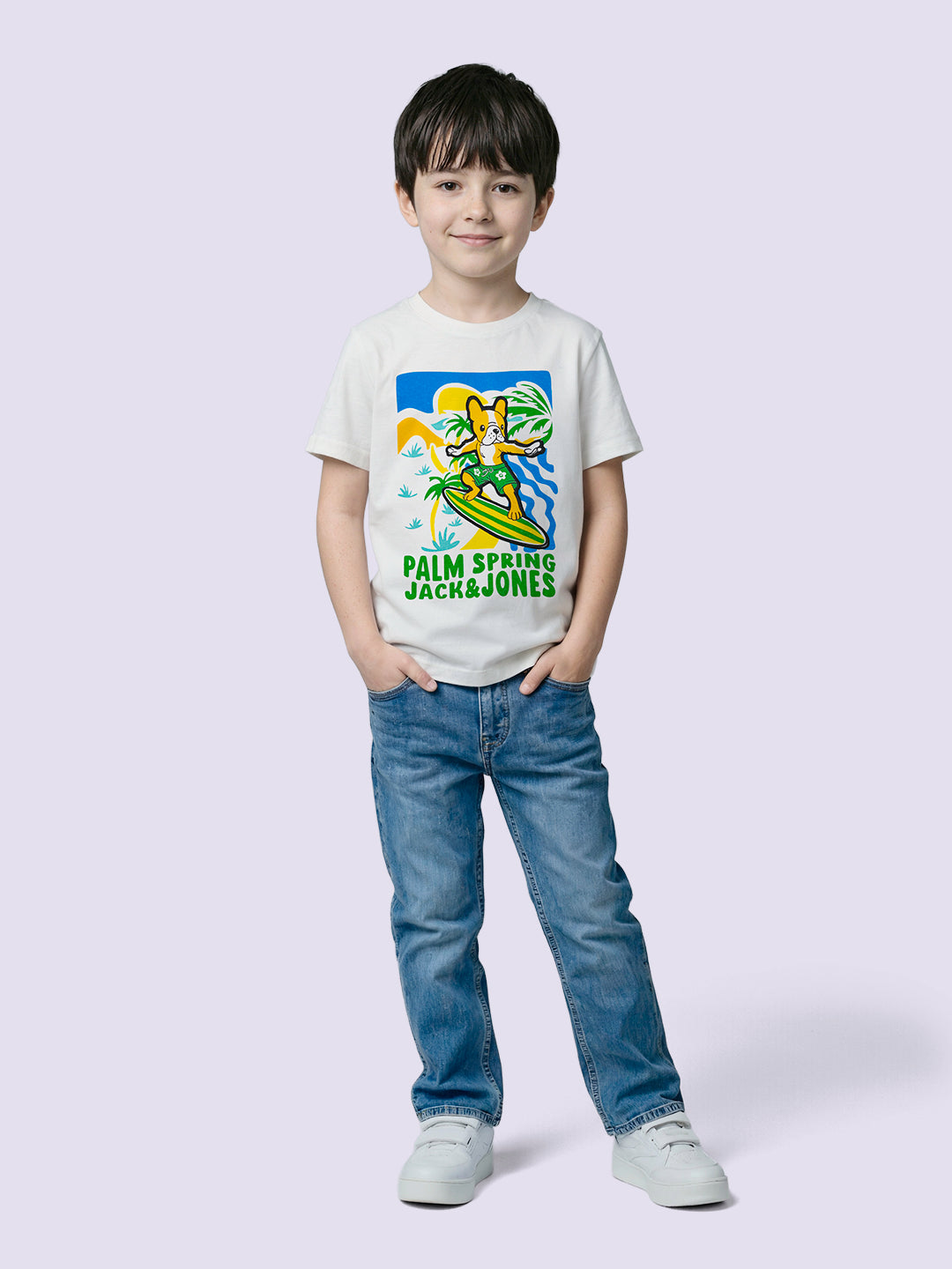 Boys White Printed Cotton Crew Neck T-Shirt