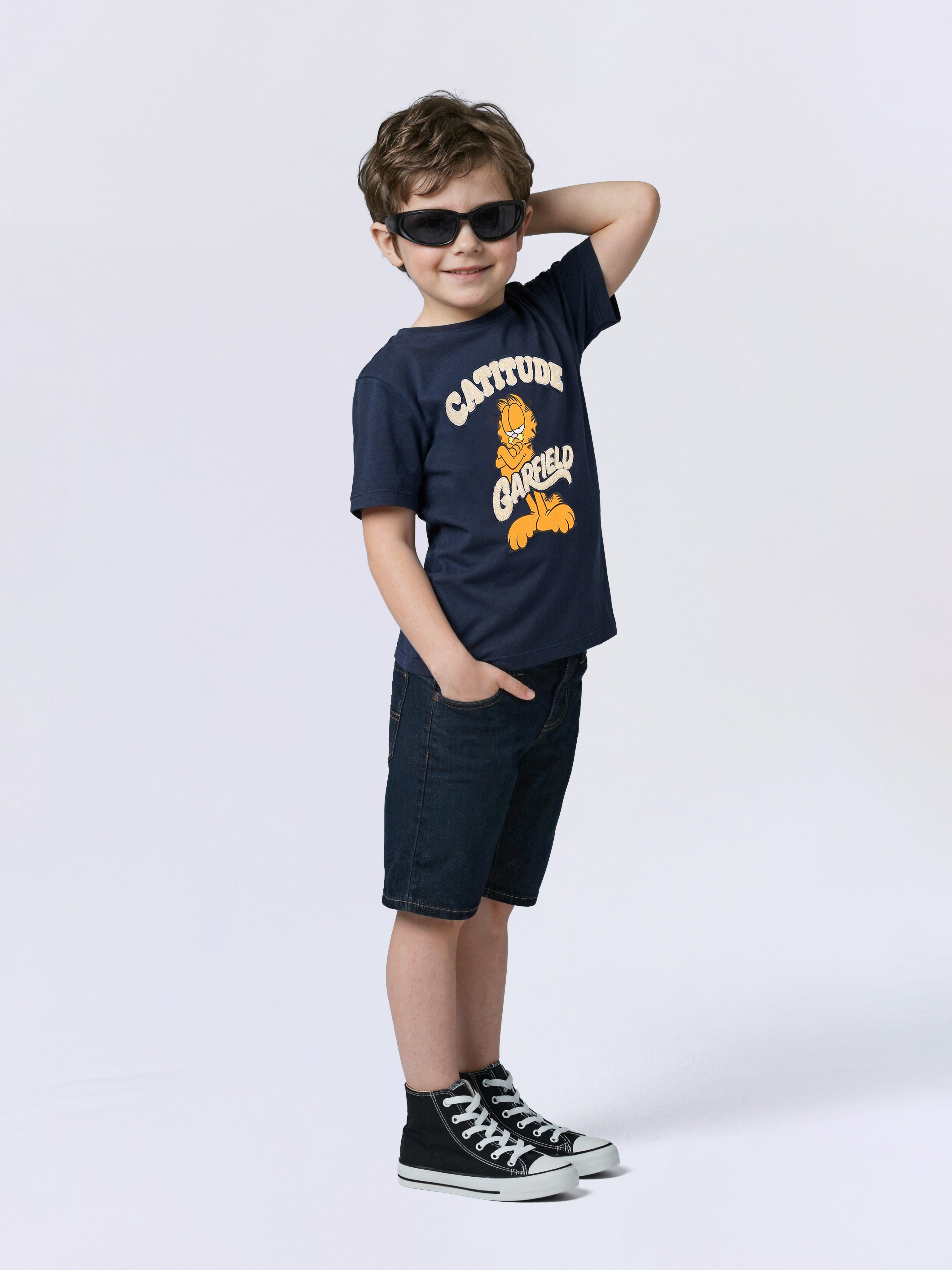 Boys Naval Academy Blue Garfield Print Cotton Oversized T-Shirt
