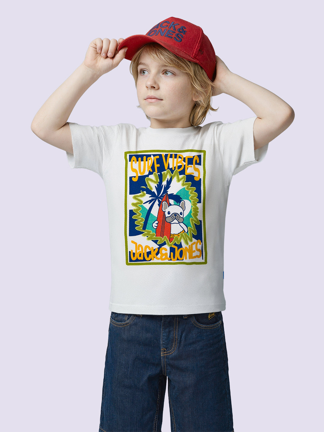 Boys White Graphic Print Cotton Crew Neck T-Shirt