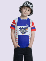 Boys Navy Blue Colourblocked Printed Cotton T-Shirt