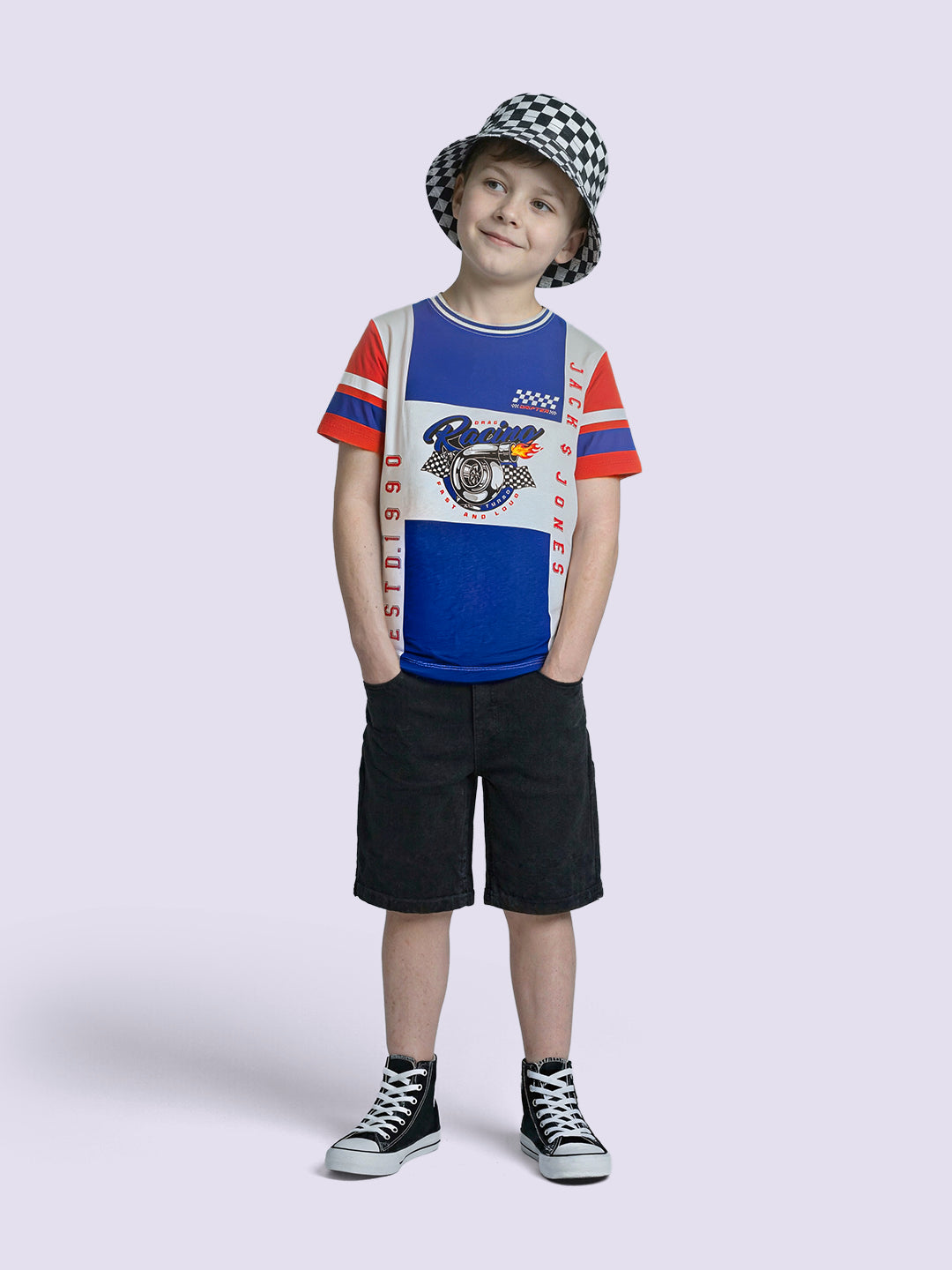 Boys Navy Blue Colourblocked Printed Cotton T-Shirt