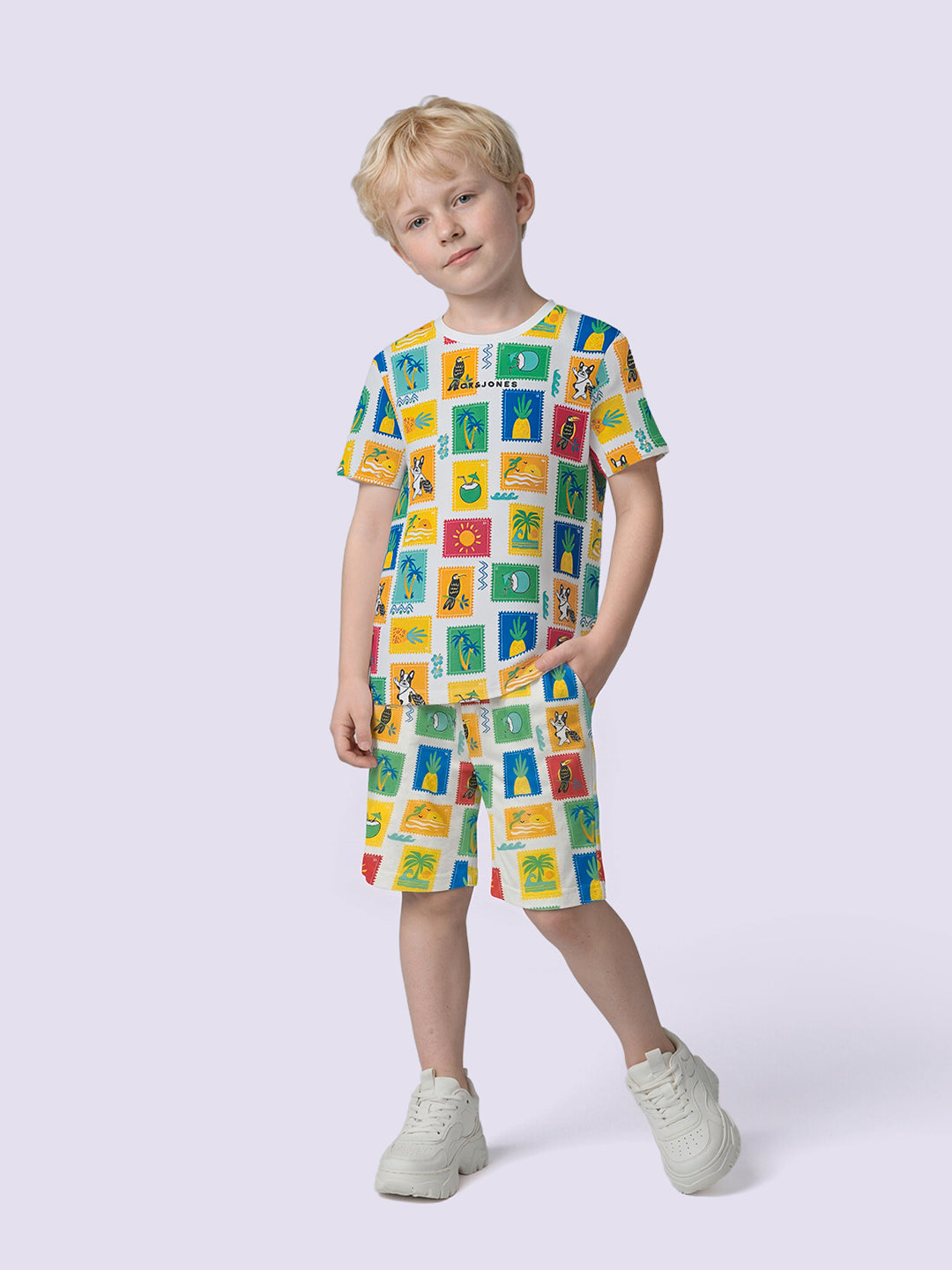 Boys White Multi Colour Printed Cotton T-Shirt