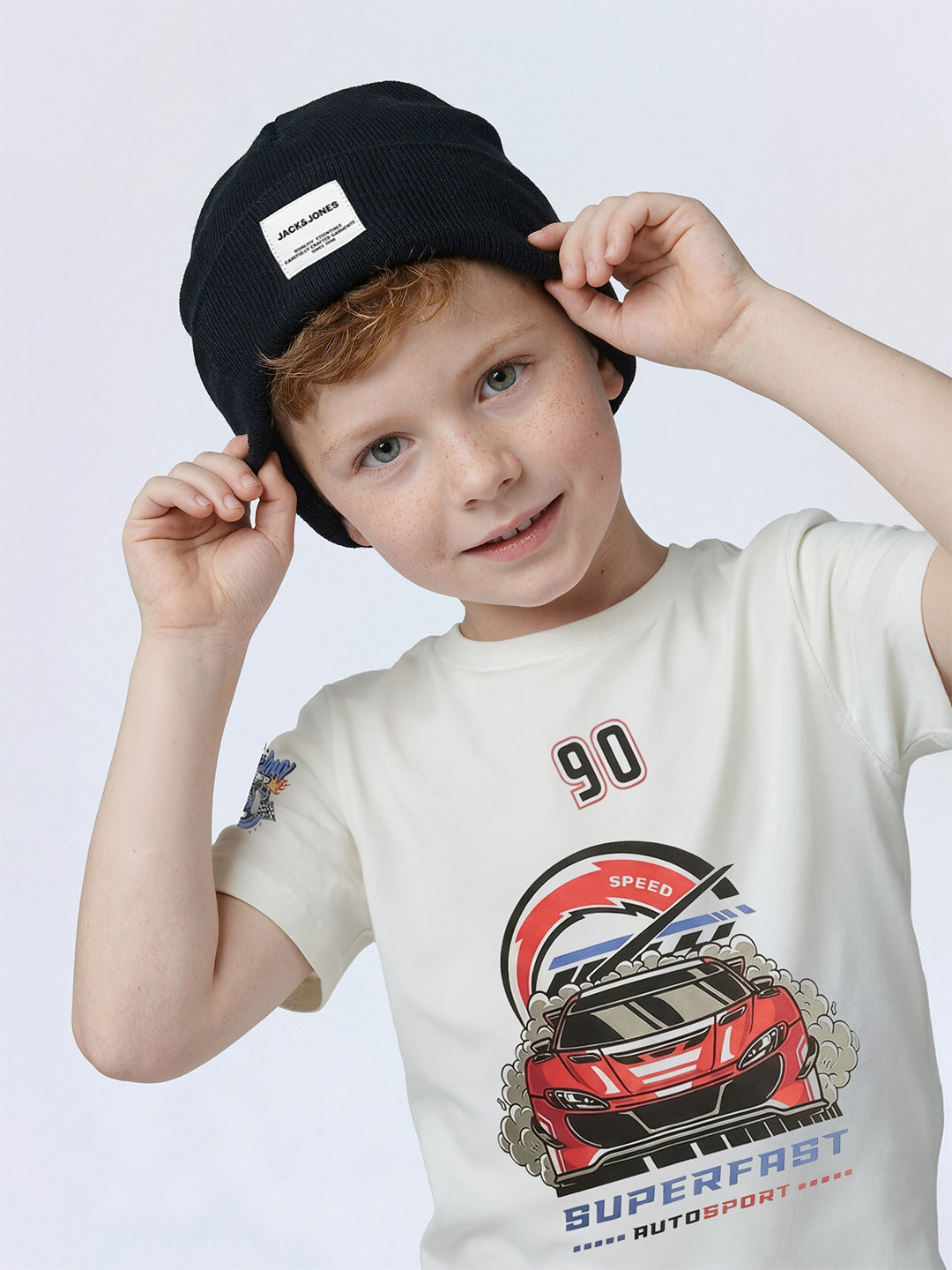 Boys Bright White Race Car Print Cotton Regular Fit T-Shirt