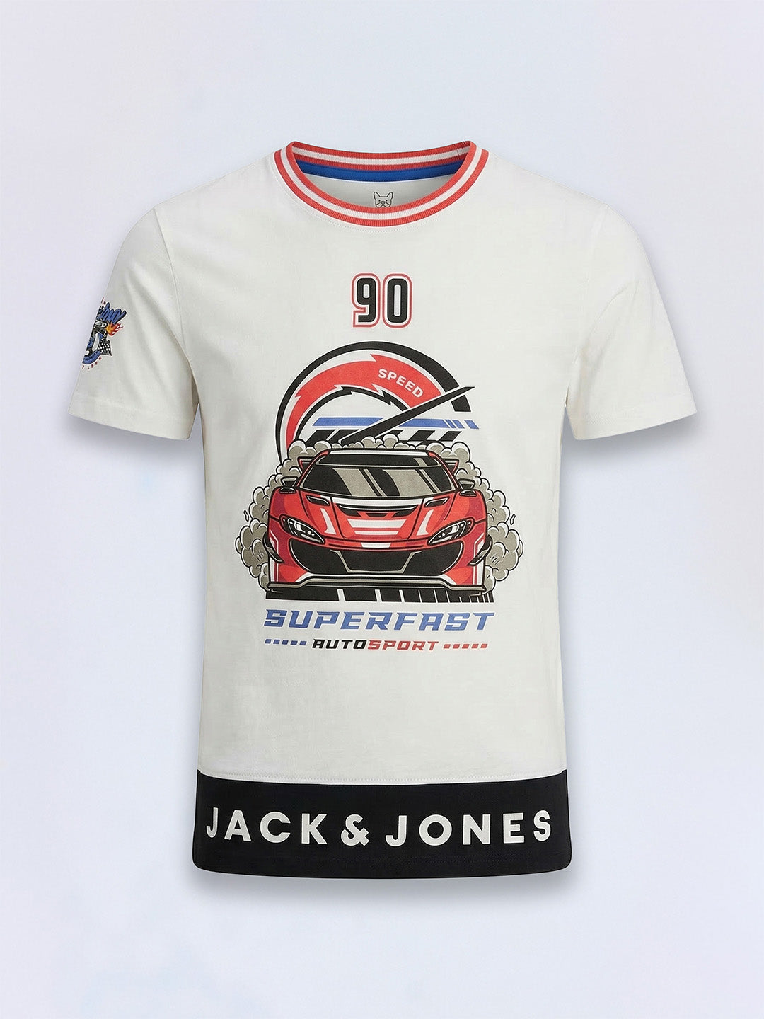 Boys Bright White Race Car Print Cotton Regular Fit T-Shirt