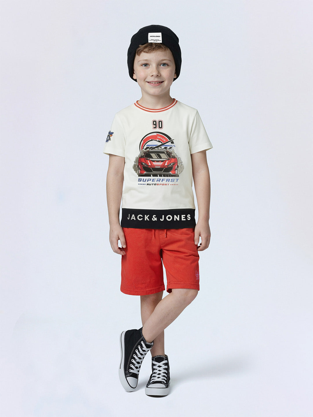 Boys Bright White Race Car Print Cotton Regular Fit T-Shirt