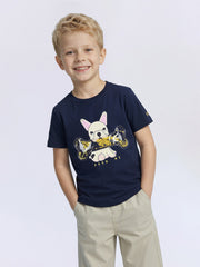 Boys Naval Academy Blue Dog Graphic Embellished Cotton T-Shirt