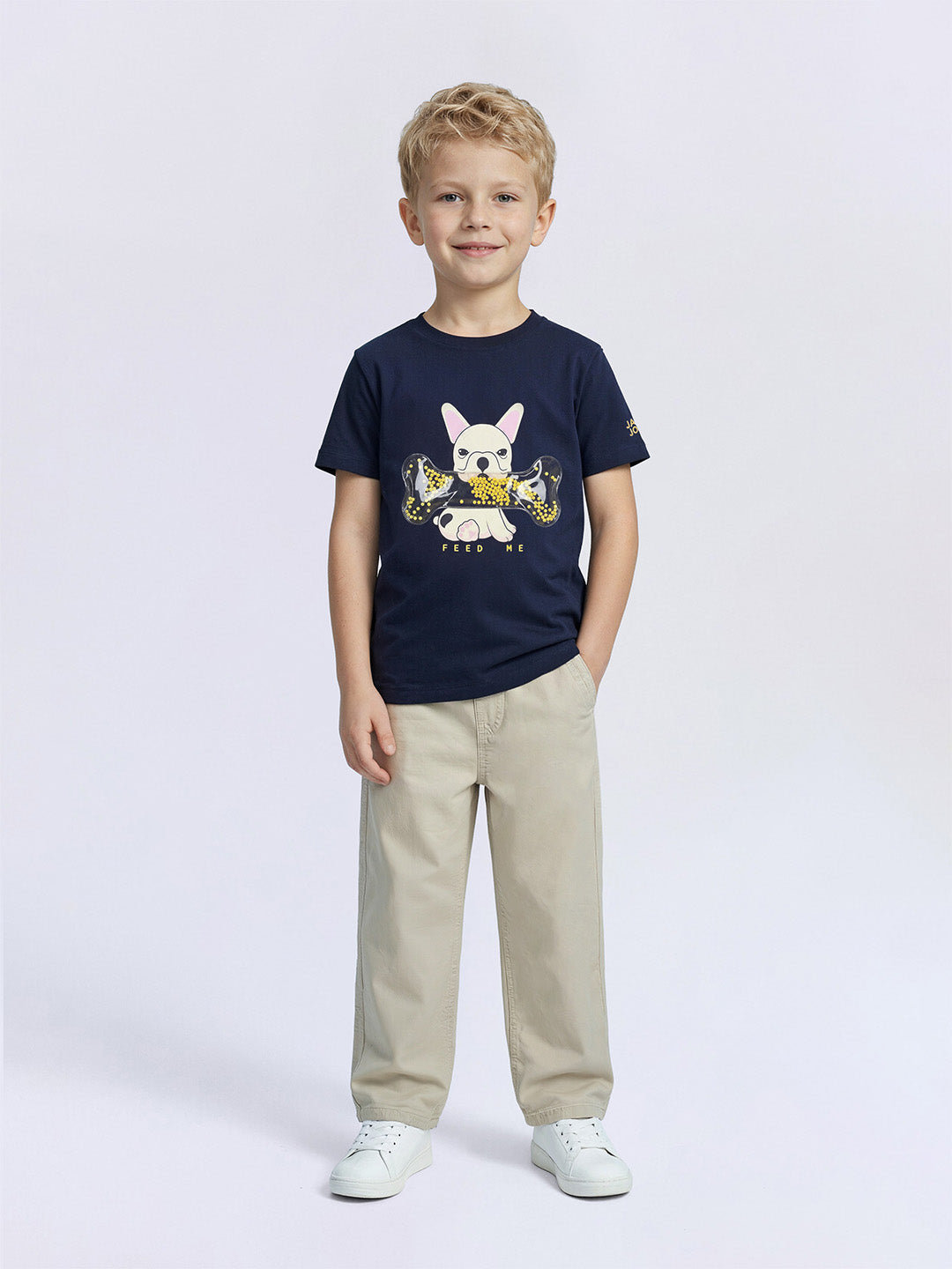 Boys Naval Academy Blue Dog Graphic Embellished Cotton T-Shirt