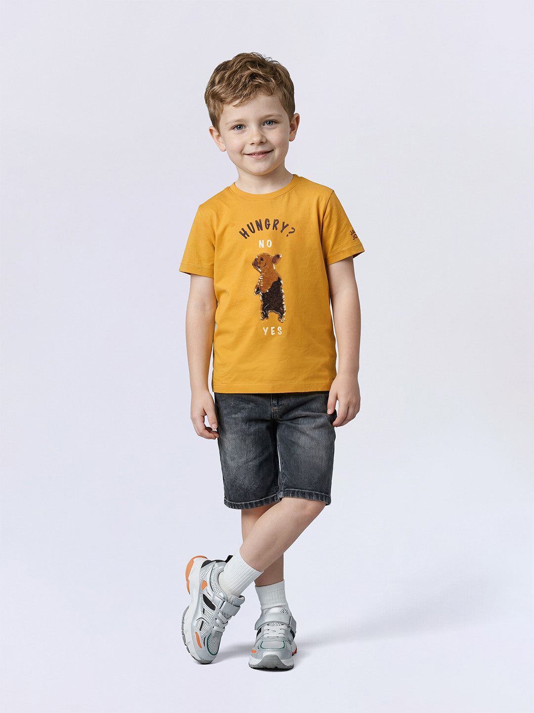 Boys Harvest Gold Yellow Dog Graphic Flip Sequin Cotton T-Shirt