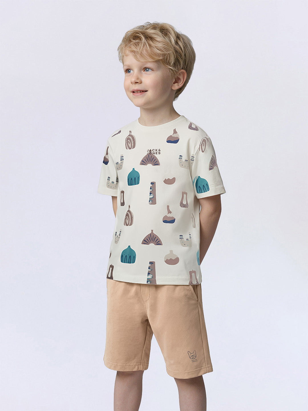 Boys Warm Taupe Brown Abstract Print Cotton Oversized T-Shirt